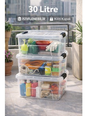 Loremp 30 Lt Kiler Bahçe Mutfak Depolama Düzenleme Kilitli Kapak 3 Adet