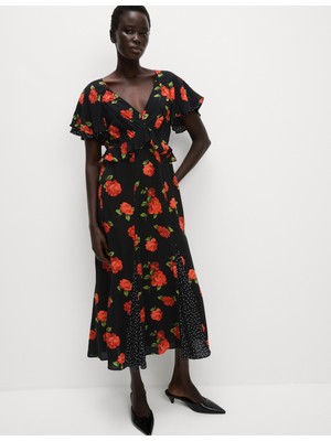 Marks & Spencer Çiçek Desenli Plise Detaylı Midi Elbise