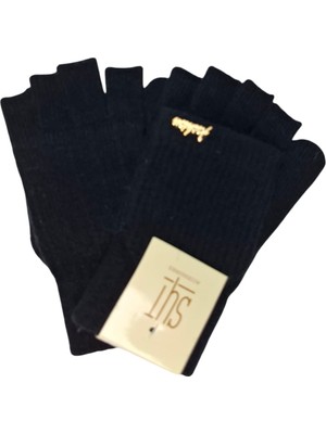 Suyutti Spteks Yetişkin Siyah Renk Fashion Yazılı Figürlü Parmaksız Kapaklı Kışlık Örme Eldiven