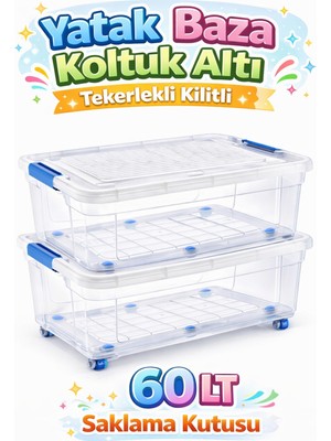 Loremp Yatak Koltuk Baza Altı 60 Lt Kilitli Tekerlekli Şeffaf Saklama Kutusu Depolama Düzenleyici