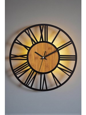 Muyika LED Işıklı Metal Duvar Saati 50 cm – Pilli Sessiz Mekanizma, Ahşap Detaylı Modern Dekoratif Tasarım