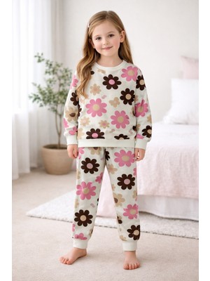 Kız Çocuk Iki Iplik Şardonlu Bej Renk Çiçek Desenli Uzun Kollu Pijama Takımı