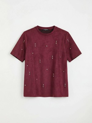 LC Waikiki Bisiklet Yaka Taşlı Süet Görünümlü Kadın Tişört  (S6)