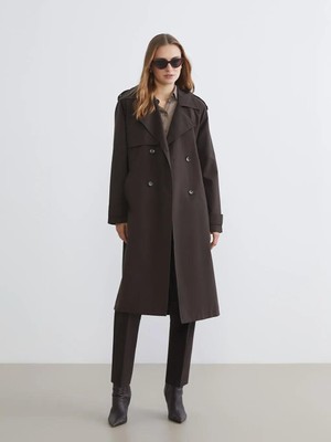 LC Waikiki Kahverengi Kruvaze Yaka Kadın Trençkot  (S6)