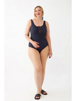 MTM My The Mall Kadın Lacivert Geometrik Desenli Büyük Beden Tek Parça Mayo