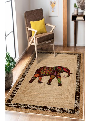 Pelura Halı Etnik Fil Desenli Dijital Baskılı Kaymaz Taban Yıkanabilir Halı