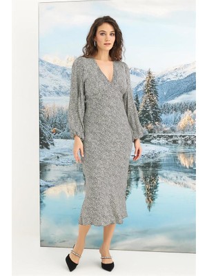 Hayat Store Arias Closet %100 Viskon Desenli Uzun Kollu Saten Elbise