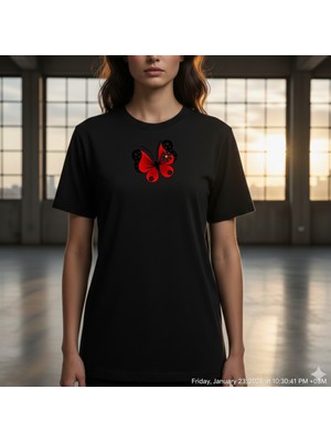 Etoile Studio Unisex %100 Pamuklu Oversize Grafik Baskılı Bisiklet Yaka Tişört Sevgili Kombini  Kelebek