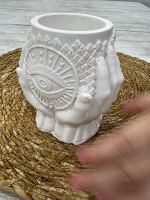 Kamira El Yapımı Nazar Gözlü Dekoratif Saksı & Mumluk – Beyaz Beton Görünümlü