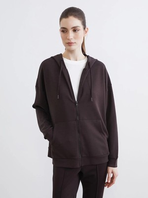 LC Waikiki Kahverengi Oversize Soft Touch Kadın Fermuarlı Sweatshirt  (S6)