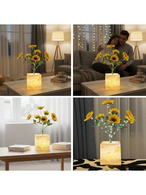 Bsre Mermer Desenli Işıklı Dekoratif Sarı Çiçekli Masa Lambası