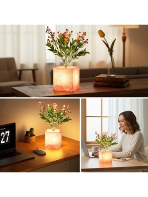 Bsre Pembe Mermer Desenli Işıklı Dekoratif Kırmızı Çiçekli Masa Lambası