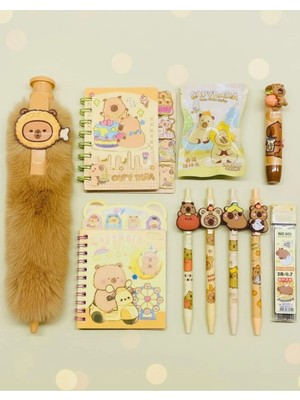 ÖZ OFİS Capybara Kapibara Set 30CM Tüylü Tükenmez Kalem - Not & Sticker Defter - 0.7 Uçlu Kalem - Silgi - Uç