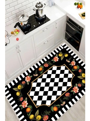 Pelura Halı Siyah Beyaz Dama Meyve Desenli Dijital Baskı Yıkanabilir Kaymaz Taban Halı Mutfak Halısı