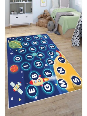 Pelura Halı Uzay Temalı Alfabe Desenli Yıkanabilir Kaymaz Taban Eğitici ve Öğretici Çocuk Anaokulu ve Kreş Halısı