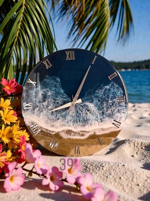 Okyanus Koleksiyonu – Atlantic – El Yapımı Epoksi Duvar Saati 40 Cm, Gümüş Roma Rakamlı, Sessiz Mekanizma