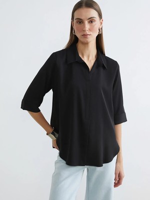 LC Waikiki Siyah Gömlek Yaka Saten Bluz  (S6)