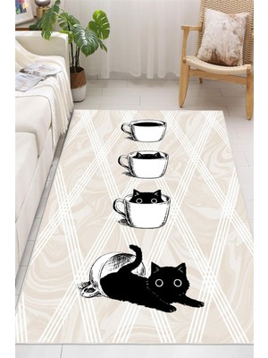 Pelura Halı Kahve Fincanı ve Kedi Temalı Dijital Baskılı Yıkanabilir Kaymaz Taban Halı