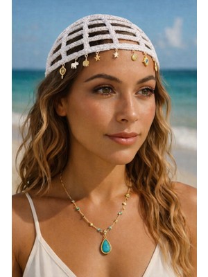 Zes Store Örgü Bohem Gold Aksesuar Detayli Simli File Bere & Bandana & Toka & Kroşe