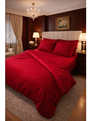 Zeren Home %100 Pamuk Saten Kırmızı Çizgili Çift Kişilik Nevresim Kılıfı Takımı 6 Parça