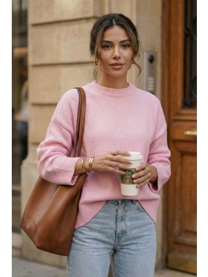 Abay Butik Kadın Pembe Salaş Basic Triko Kazak Bisiklet Yaka Yumuşak Dokulu Günlük Kazak