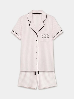 LC Waikiki Ekru Gömlek Yaka Çizgili Kadın Şortlu Pijama Takımı  (S6)