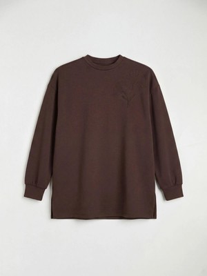 LC Waikiki Kahverengi Bisiklet Yaka Nakışlı Kadın Sweatshirt Tunik  (S6)