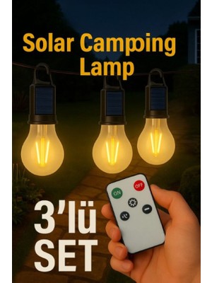 Edison Solar LED Kamp Ampülü | USB Şarjlı Kumandalı Işık | 3'lü Avantaj Paket