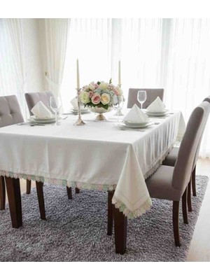 Yarımada Kadın Kooperatifi Premium Saten Masa Örtüsü Seti - Soft Renk Dantel ve Piko Işlemeli - 8 Kişilik Peçete Hediyeli - Krem