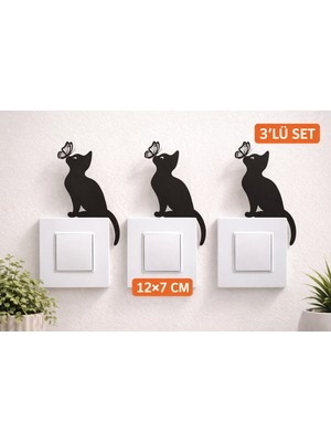 Sscnc 3’lü Kelebekli Kedi Mdf Priz & Anahtar Üstü Duvar Dekoru Seti – Siyah Cnc Lazer Kesim | 12×7 cm