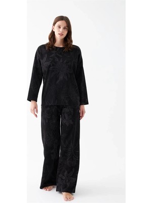 MTM My The Mall Kadın Oversize Siyah Çiçek Desenli Pamuklu Kalın Pijama Takımı