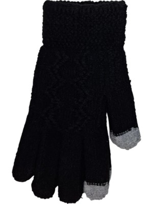 Spteks Suyutti Yetişkin Siyah Renk Çizgi Düz Desen Kışlık Örme Eldiven