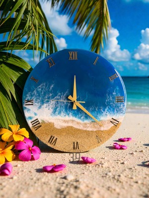 Okyanus Koleksiyonu -Karayipler- Epoksi Duvar Saati 40 Cm, Modern Tasarım, Altın Roma Rakamlı, Sessiz Mekanizma