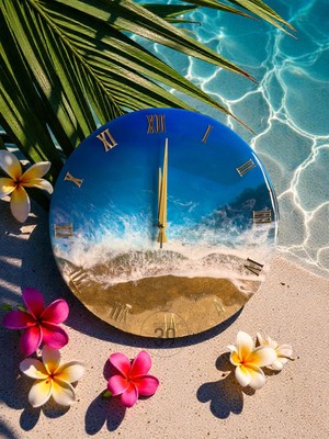 Akdeniz Esintili Okyanus Koleksiyonu Epoksi Duvar Saati 40 Cm, El Yapımı Modern Tasarım, Altın Roma Rakamlı, Sessiz Mekanizma