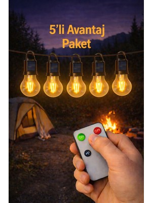 Edison Solar LED Kamp Ampulü | USB Şarjlı Kumandalı Işık | 5'li Avantaj Paket