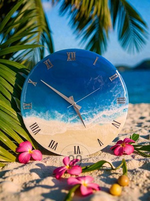 Okyanus Koleksiyonu – Maldivler – Epoksi Duvar Saati 40 Cm, El Yapımı Tasarım, Gümüş Roma Rakamlı, Sessiz Mekanizma