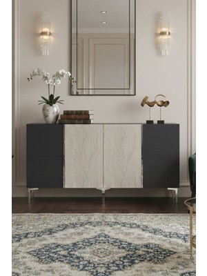 Yumedi Design KA1524ATS - Yiğit Konsol, Tv Sehpası, Çok Amaçlı Dolap ve Kahve Köşesi 150CM Antrasit-Traverten-Silver