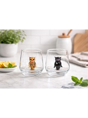 El Yapımı Cam Baykuş Figürlü Kahve Yanı Bardağı (2’li Set)