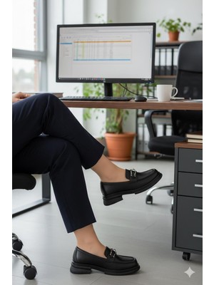 Shoemix Siyah Gümüş Tokalı Kalın Tabanlı Kadın Loafer Ayakkabı