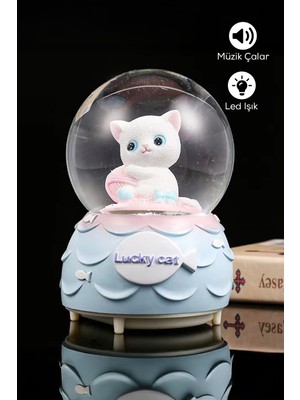 Normadia Sevimli Lucky Cat Kedi Kar Küresi, Işıklı ve Müzikli Orta Boy Hediye