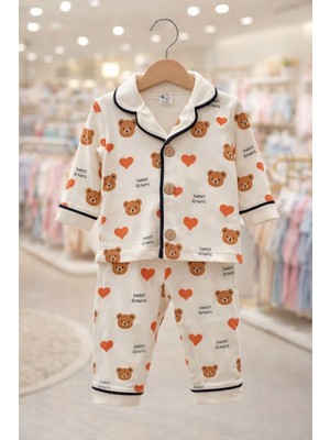 Tuem Baby Tuembaby %100 Pamuk  Uzun Kollu  Ayıcık Baskılı  Beyaz Renk Unisex Bebek Pijama Takımı
