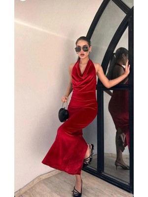Perry Kırmızı Kadife Uzun Boy Elbise