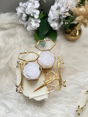 Epoksi Tepsi Krem+Gold Detaylı Küçük Boy Nişan Tepsi Seti