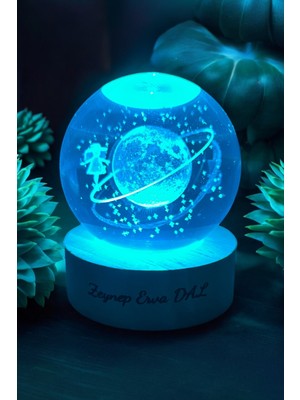 Normadia Kişiye Özel Satürn Kristal Cam Gece Lambası, Renkli LED ve USB Işıklı