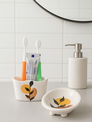 Özbience El Yapımı Seramik 2'li Banyo Seti: Sabunluk, Diş Fırçalık ve Süngerlik