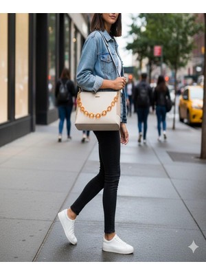 Shoemix Kadın Bej Hasır Detaylı Omuz Çantası - Amber Zincir Aksesuarlı Şık El Çantası