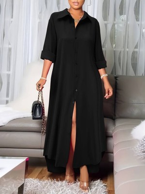 Yeşil Sarmaşık Kadın Uzun Kollu Yakalı Önden Düğmeli Uzun Dokuma Elbise