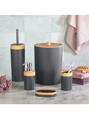 Özbience Bambu Desenli 5'li Banyo Seti, Çöp Kovası, Fırça, Sabunluklar, Diş Fırçalık