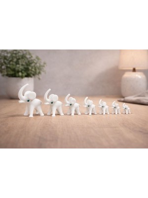 El Yapımı Cam 7’li Beyaz Fil Figürü – Dekoratif Cam Biblo Seti
