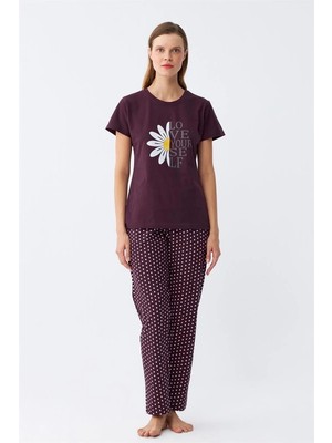 MTM My The Mall Kadın Mürdüm Papatya Baskılı Kısa Kollu Penye Pijama Takımı
